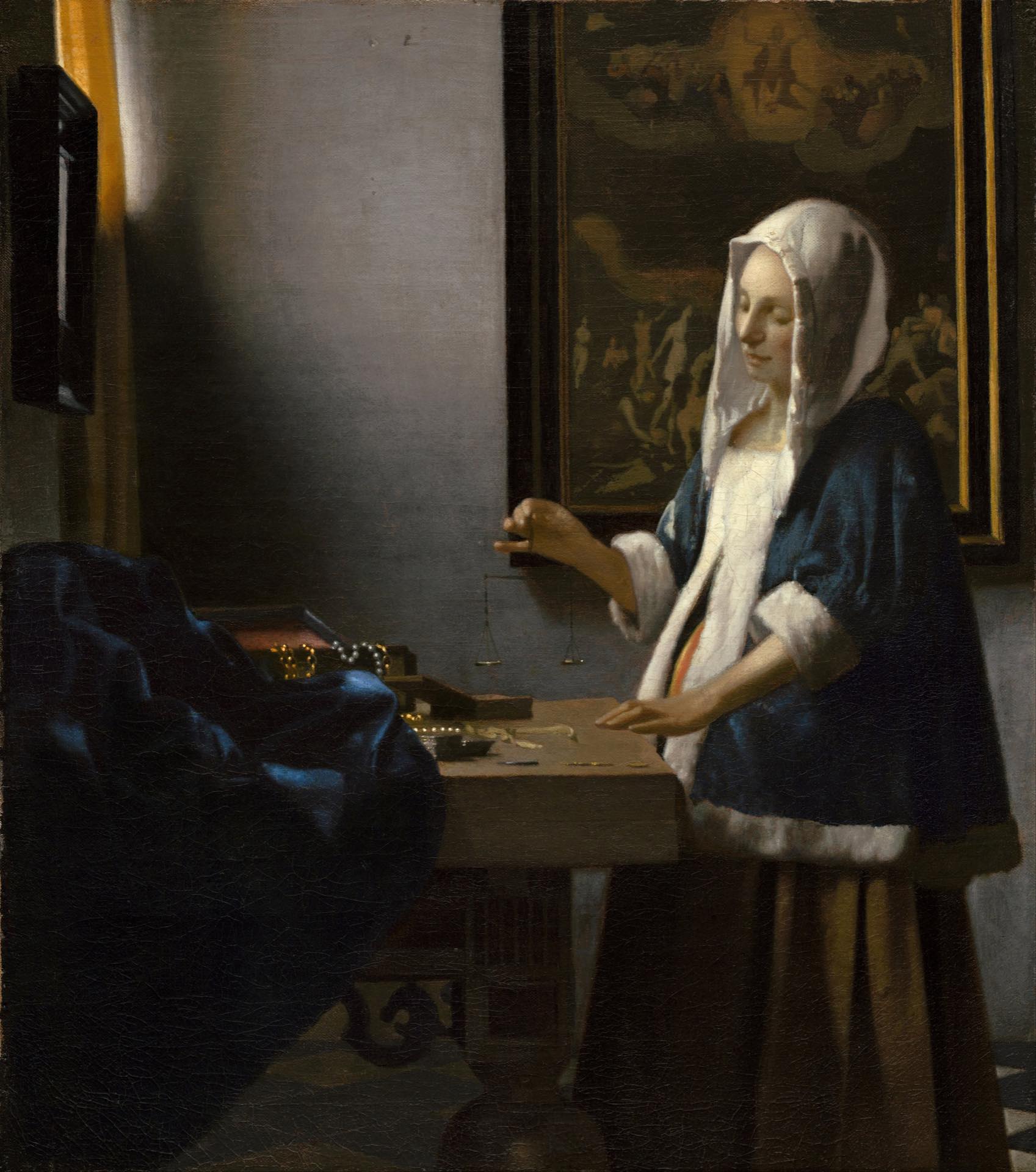 A woman by a window, quietly weighing something on a small balance