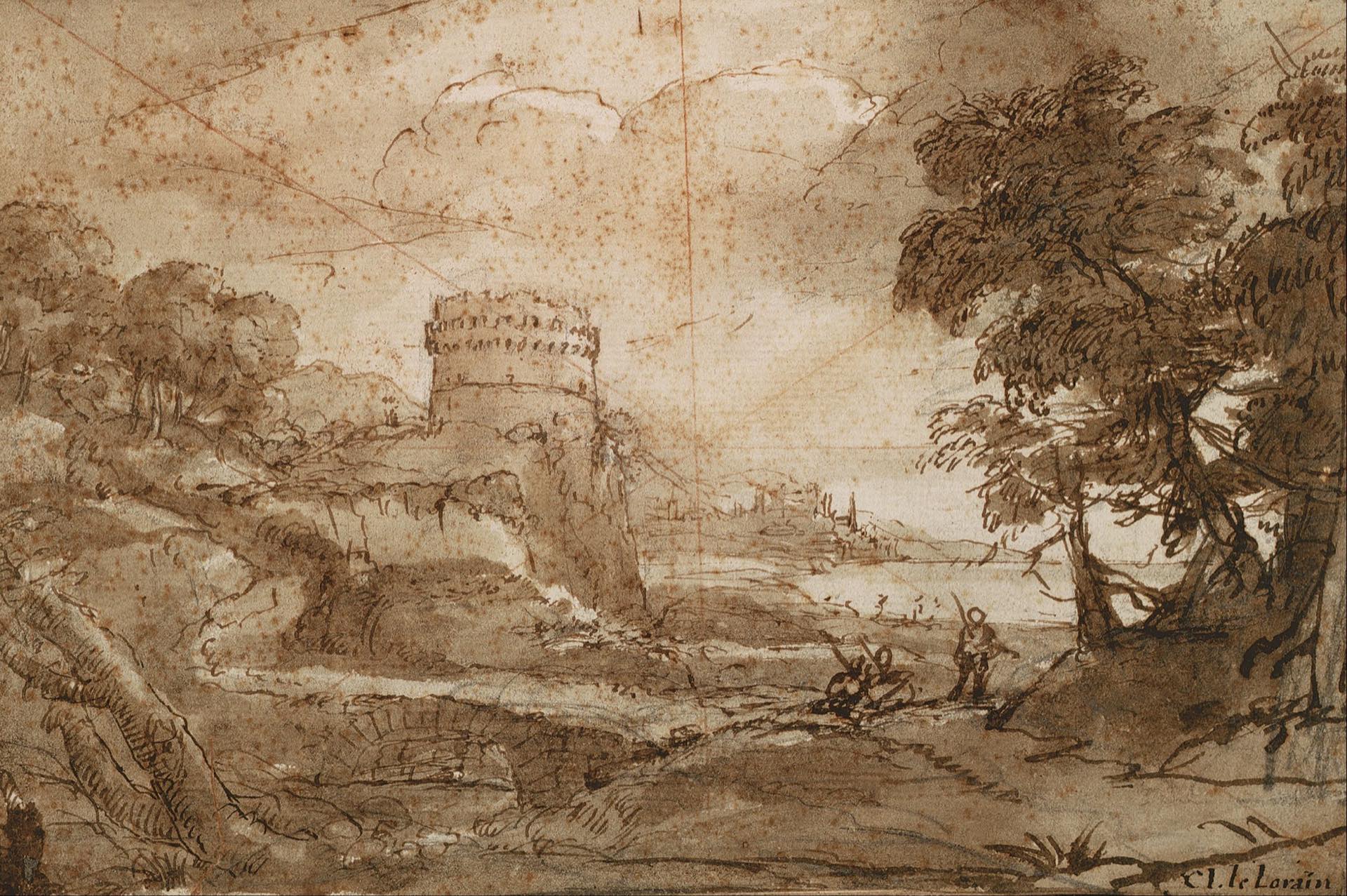 A round stone tower on a bay at dusk, with distant mountains