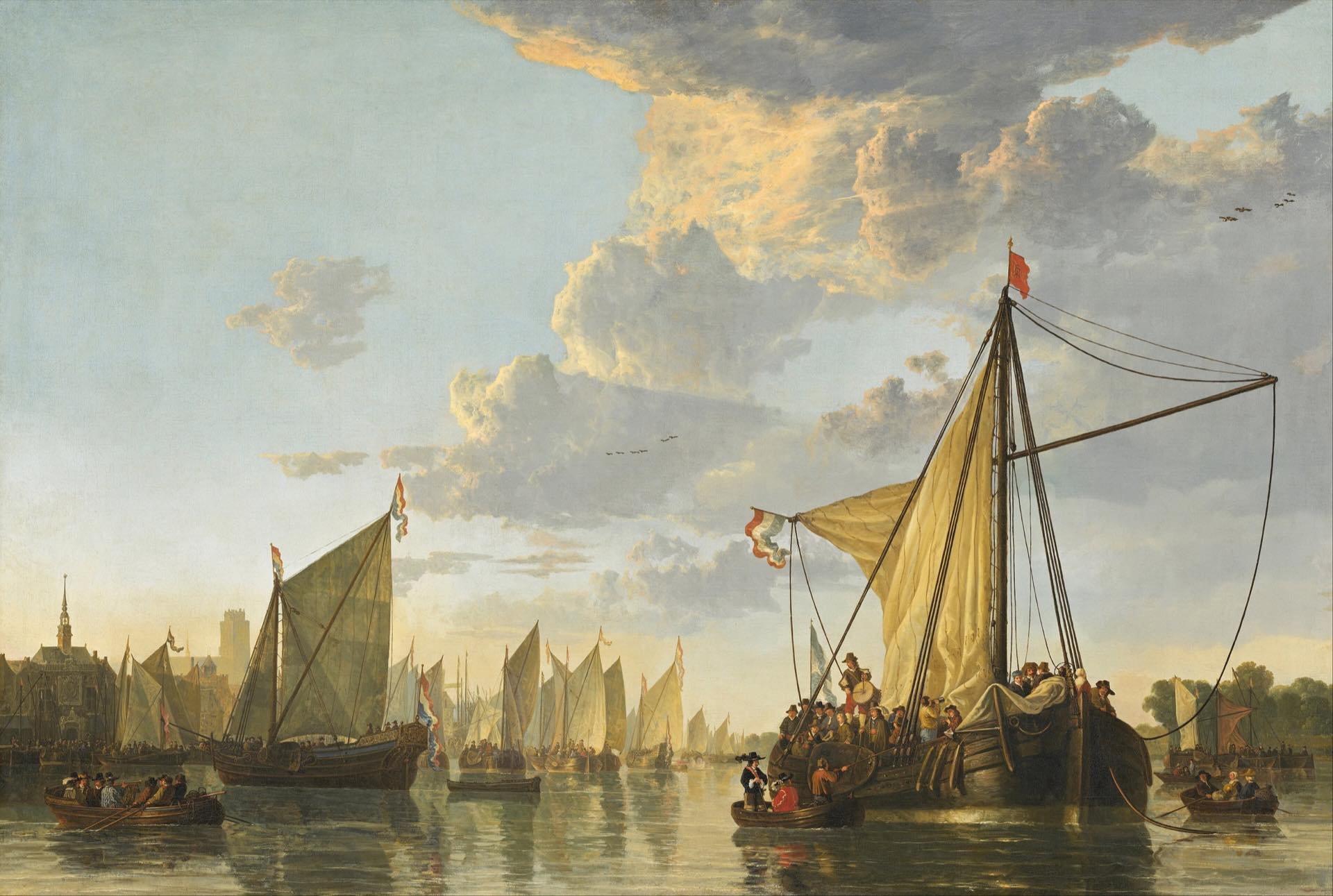 A calm river at dusk crowded with sailing ships, painted in warm, muted light