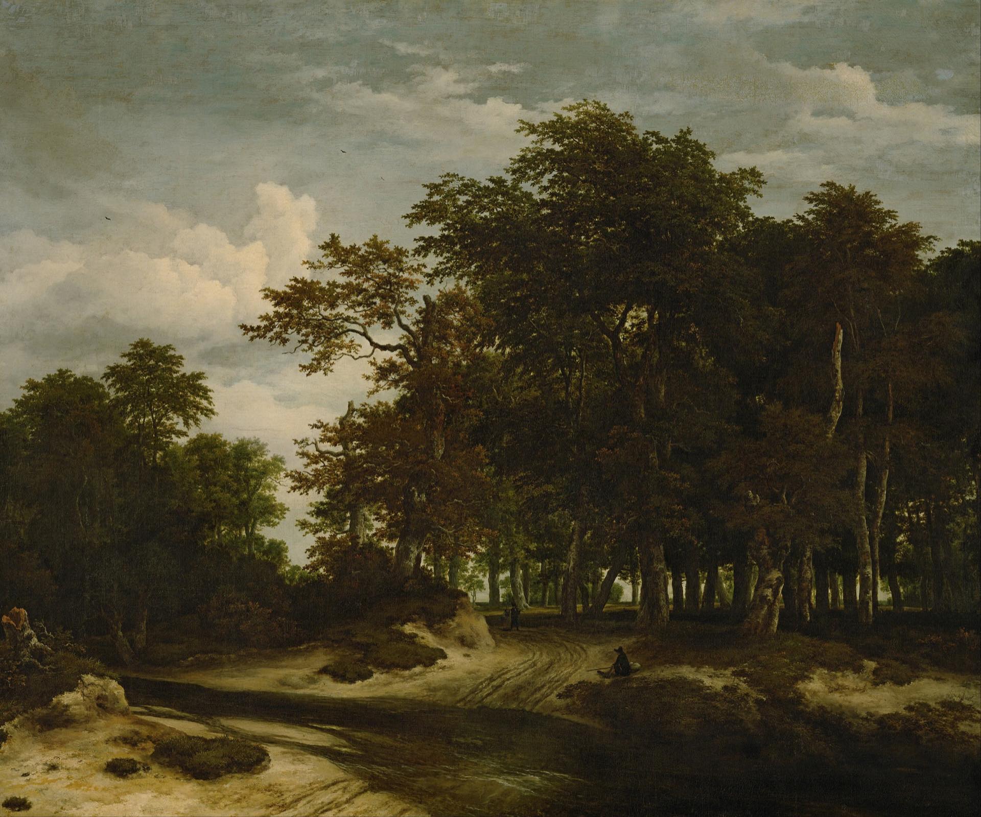 A dense old forest with a lone figure on a path between ancient trees